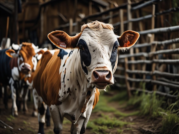 Una vaca con marcas blancas y negras en la cara camina en una granja.