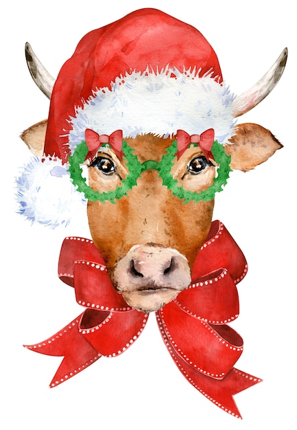 Vaca marrom com chifres fofa com laço vermelho, de óculos e chapéu de Papai Noel.