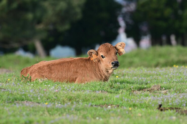 una vaca marrón acostada en un campo con una etiqueta que dice vaca
