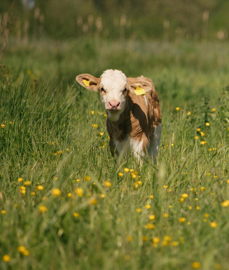 una vaca marrón y blanca en un campo de hierba con flores amarillas