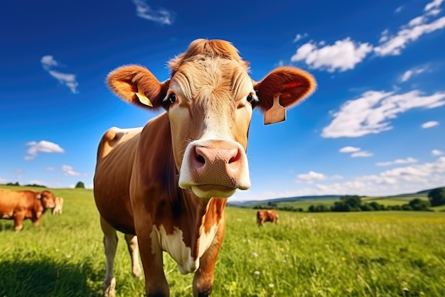 Una vaca marrón mirando a la cámara en el pasto verde