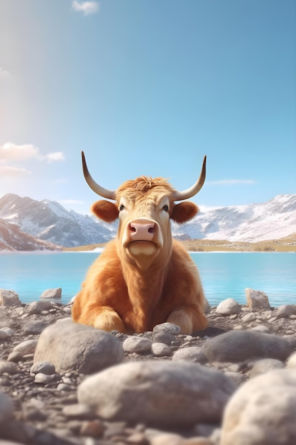 Vaca marrón tumbada en la orilla de un lago de montaña contra el cielo azul AI Generative