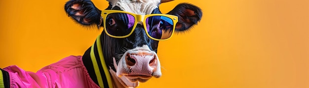 Una vaca de moda posa en una chaqueta rosa y amarilla de neón con gafas de sol estilosas