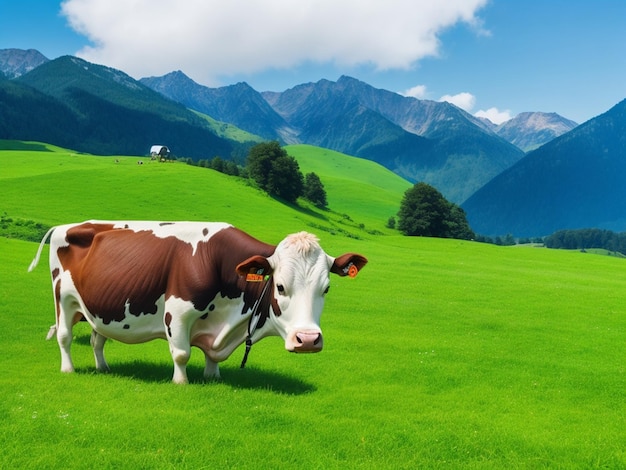 La vaca en las montañas sobre la hierba verde cerca de la casa de campo