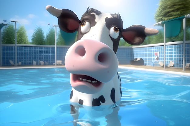 Foto una vaca está nadando en una piscina con un fondo azul y las palabras 