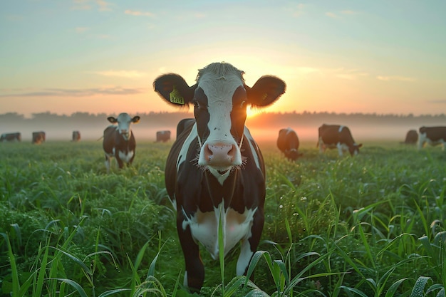 Vaca negra y blanca en el campo soleado de primavera o verano Vaca pastando en tierras de cultivo