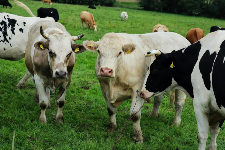 una vaca negra y blanca con etiquetas amarillas en sus orejas