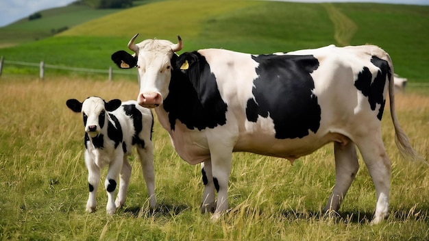 Vaca negra y blanca de pie en el campo con su ternero