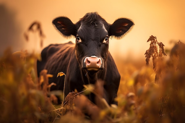 Vaca negra en la naturaleza mirando a la cámara