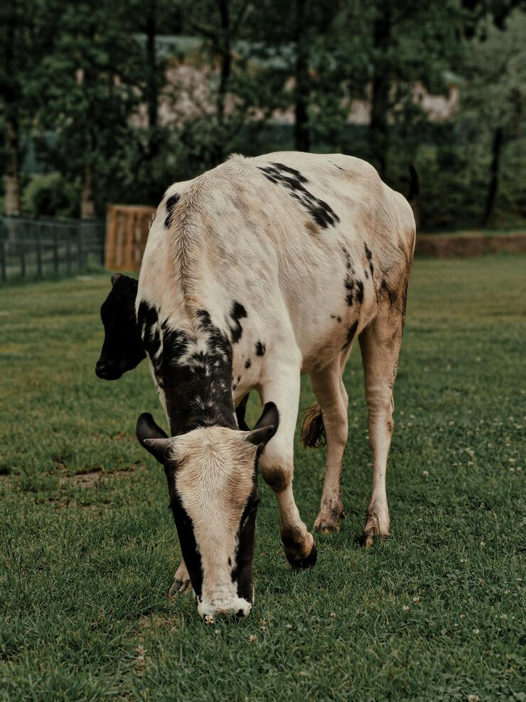 una vaca con un número en la espalda está comiendo hierba