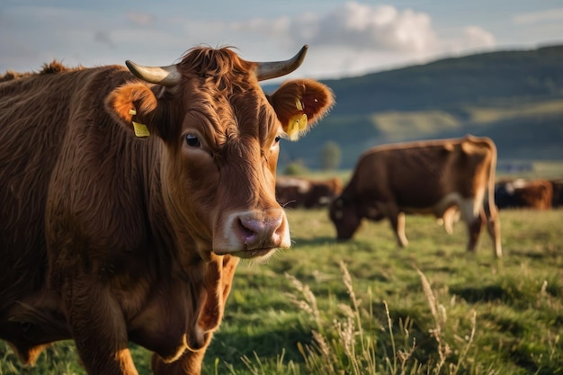 Una vaca pacífica en el pasto de la montaña