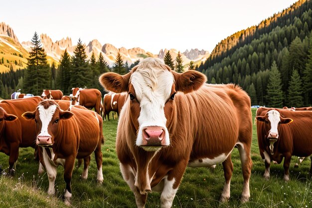 Vaca pastando em um prado alpino Generative AI