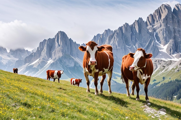 Vaca pastando em um prado alpino Generative AI