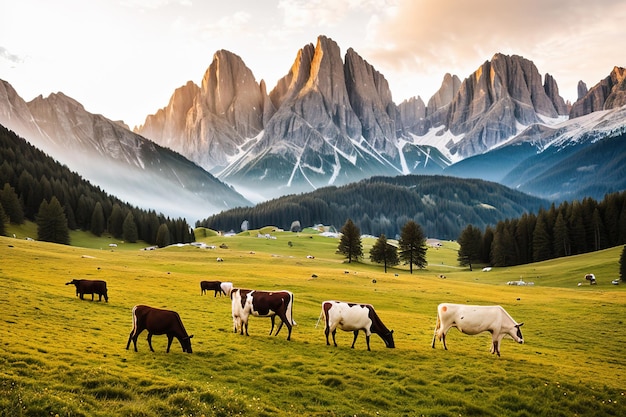 Vaca pastando em um prado alpino generative ai