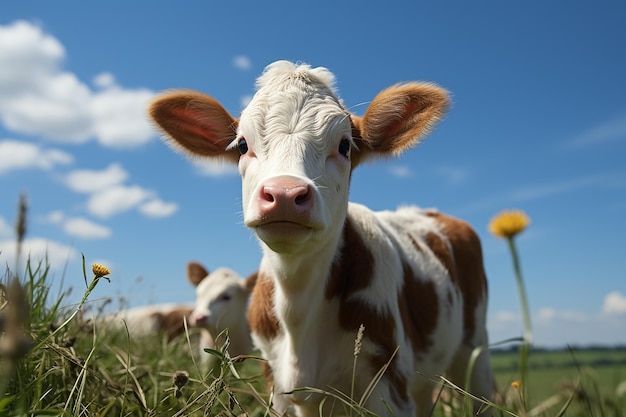Foto vaca pastoral de serenidad en medio de la hierba con el cielo de fondo