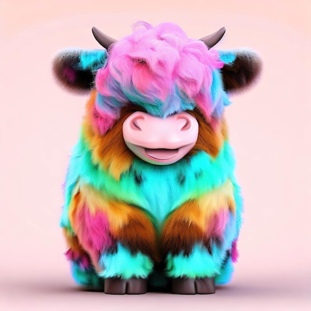 Una vaca con pelo de arcoíris en la cabeza