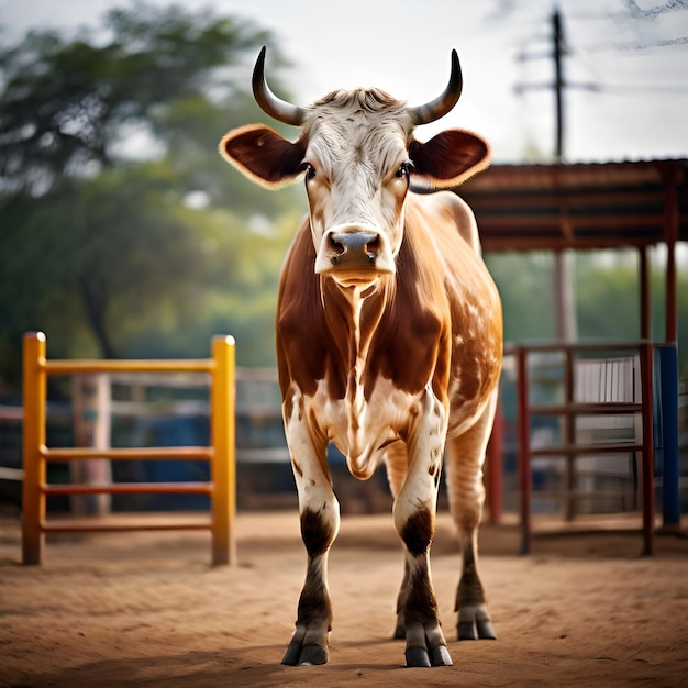 Foto una vaca está de pie en una arena de tierra con una valla en el fondo