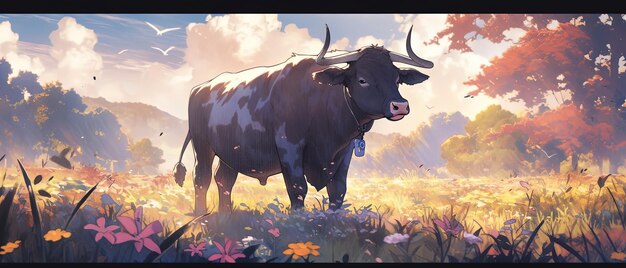 una vaca de pie en un campo de flores al sol