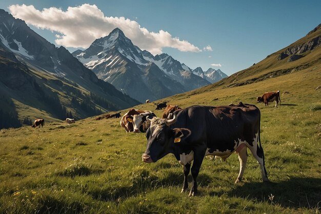 Foto una vaca está de pie en un campo con montañas en el fondo