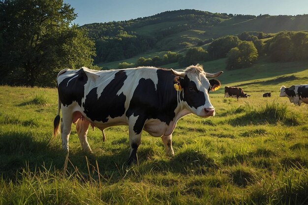 Foto una vaca está de pie en un campo con otras vacas en el fondo