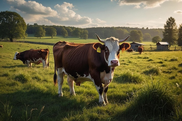 Foto una vaca está de pie en un campo con otras vacas