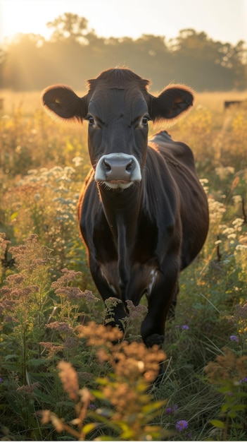 Una vaca de pie en un campo verde exuberante mirando a la cámara