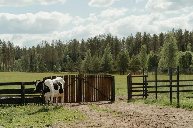 una vaca de pie frente a una puerta que tiene una valla a su alrededor