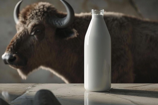 Foto una vaca de pie junto a una botella de leche.