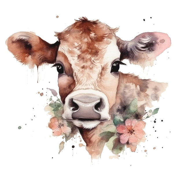 Vaca pintura em aquarela de uma vaca com flores