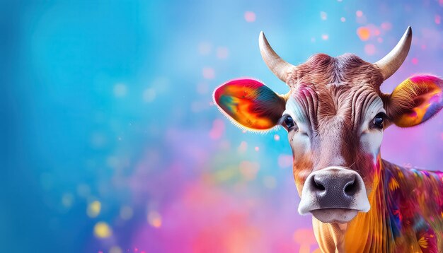 Vaca en pintura sobre un fondo brillante feliz concepto indio de Holi