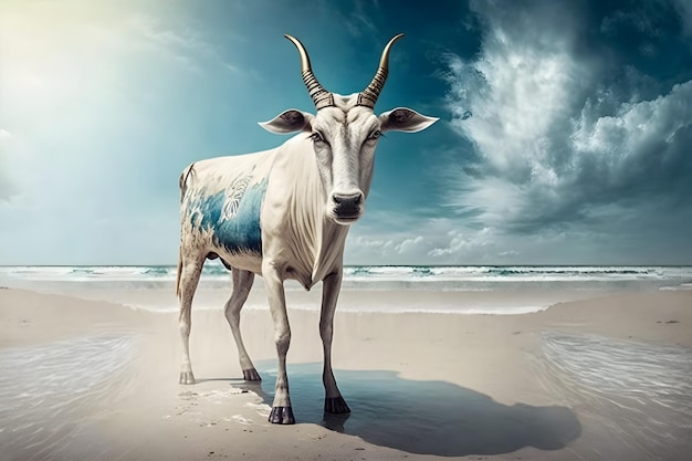 Una vaca en la playa con el cielo de fondo