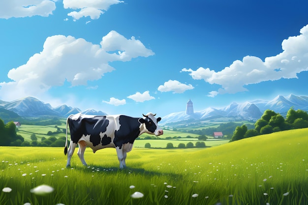 vaca en un prado verde con el cielo azul