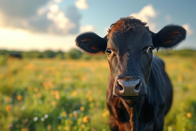 Vaca preta em pé no campo em um dia ensolarado