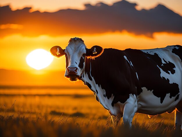 Una vaca con una puesta de sol de poca luz detrás de ella eid al adha