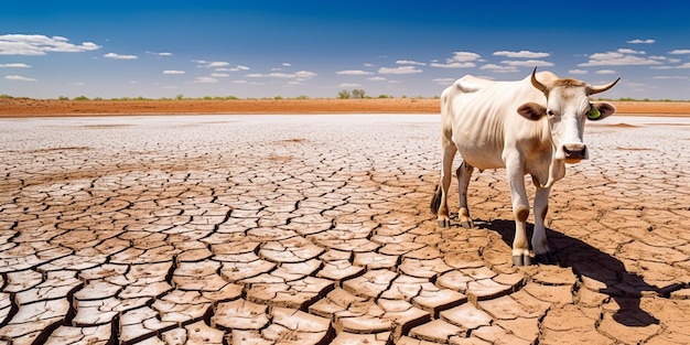 Una vaca sedienta en el suelo seco y agrietado generada por la IA