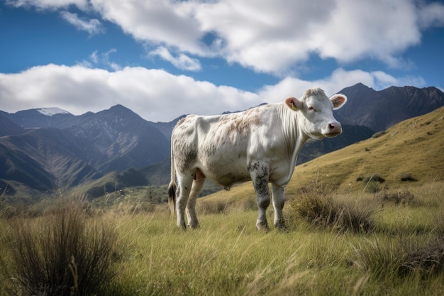 Vaca solitaria pastando en una pradera verde rodeada de montañas IA generativa