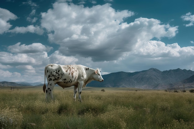 Vaca solitaria pastando en una pradera verde rodeada de montañas IA generativa