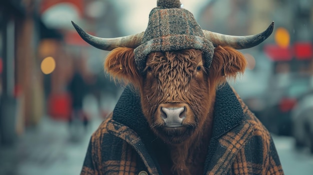 Una vaca con un sombrero y un abrigo está de pie en una calle