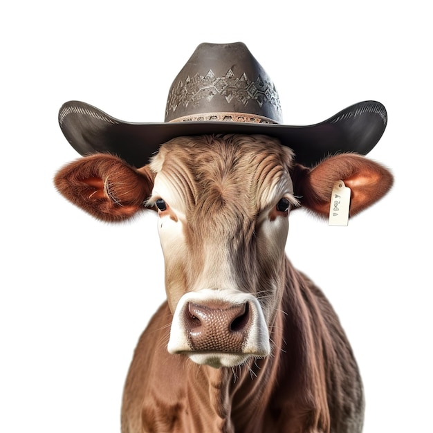 Una vaca con un sombrero de vaquero y una etiqueta que dice vaca.