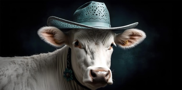 Vaca en un sombrero de vaquero en un fondo oscuro con espacio de copia