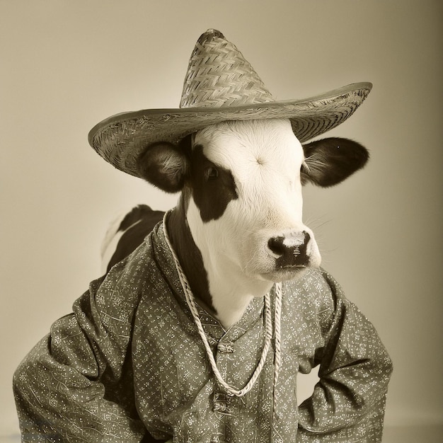 Foto una vaca con un sombrero de vaquero y una vaca con una sombrero