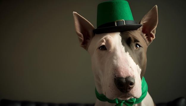 Una vaca con un sombrero verde con un trébol encima.