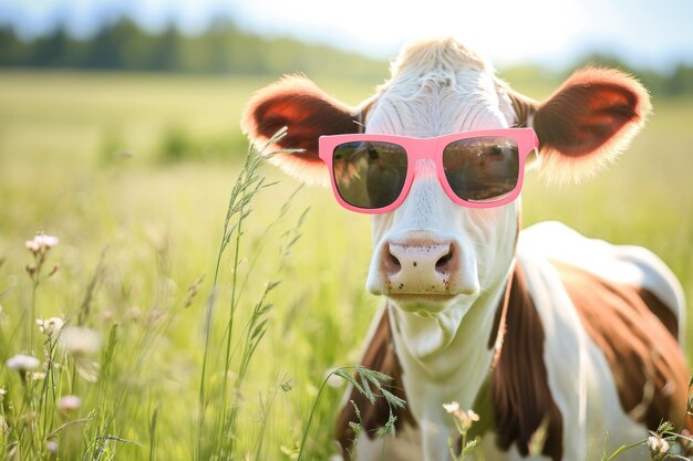 La vaca de la sonrisa feliz lleva gafas de sol