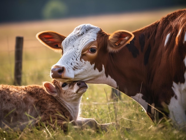 Una vaca y su ternero abrazados en un campo