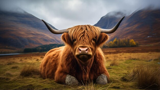 Una vaca de las tierras altas de Escocia en un campo verde