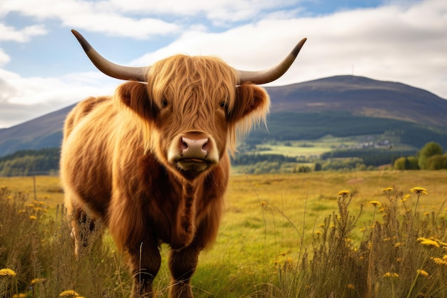 Una vaca de las tierras altas de Escocia en un campo verde