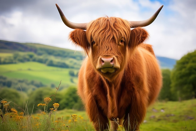 Una vaca de las tierras altas de Escocia en un campo verde