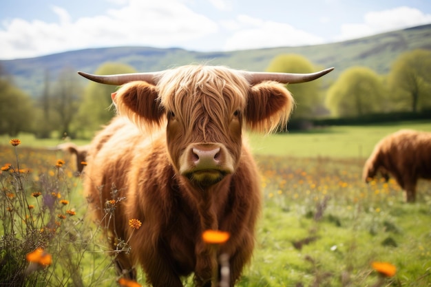 Una vaca de las tierras altas de Escocia en un campo verde