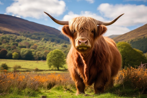 Una vaca de las tierras altas de Escocia en un campo verde