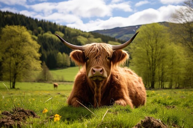 Una vaca de las tierras altas de Escocia en un campo verde